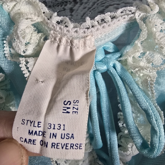 Vtg 70s Lace Trimmed Aqua Teal Nylon Lingerie Teddy Negligee Bodysuit - Picture 5 of 9